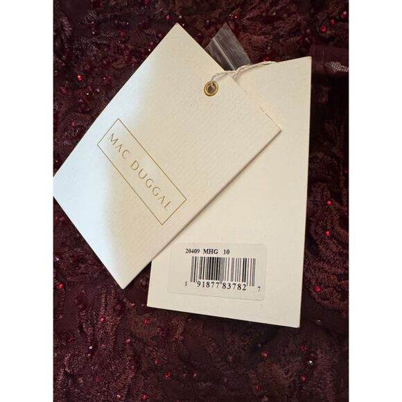 Mac Duggal  Red Embellished Illusion V Neck Long Sleeve Gown, 10, NWT - Picture 7 of 8